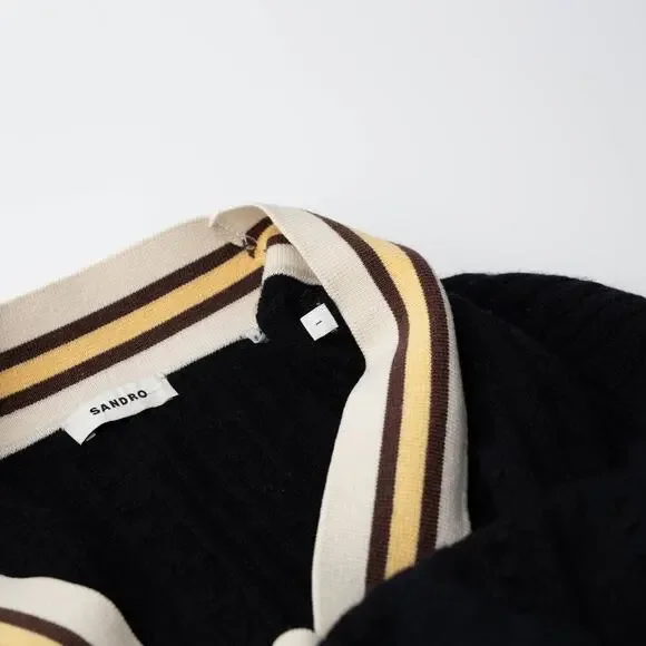 Sandro Alizia Navy V-Neck Black Knit Wool Sweater - Picture 7 of 10